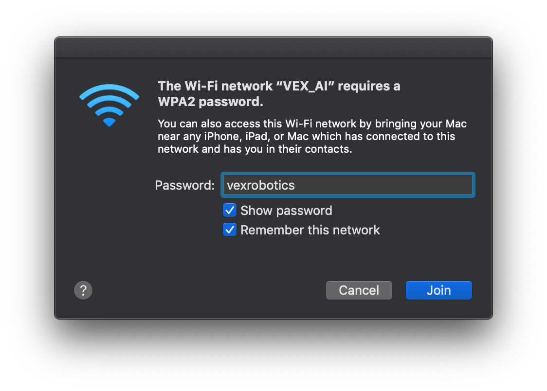Παράθυρο σύνδεσης Wi-Fi που εμφανίζει τον κωδικό πρόσβασης 'vexrobotics' που καταχωρήθηκε για το δίκτυο 'VEX_AI'.