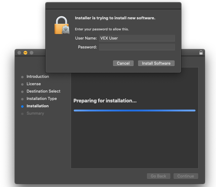 Ερώτηση στο macOS που ζητά όνομα χρήστη και κωδικό πρόσβασης για να επιτραπεί η εγκατάσταση του VEXcode Pro V5.