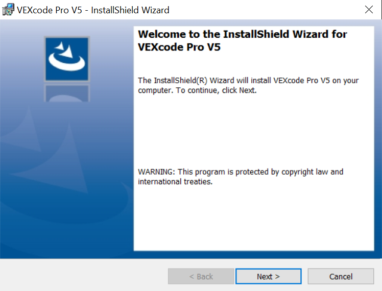 Παράθυρο καλωσορίσματος του InstallShield Wizard για το VEXcode Pro V5 με επισημασμένο το κουμπί Επόμενο παρακάτω.