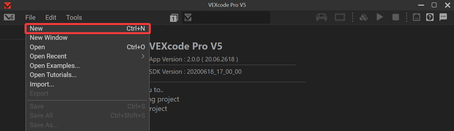Διεπαφή VEXcode Pro V5 με ανοιχτό το μενού Αρχείο και επιλεγμένη την επιλογή Νέο για τη δημιουργία ενός έργου.