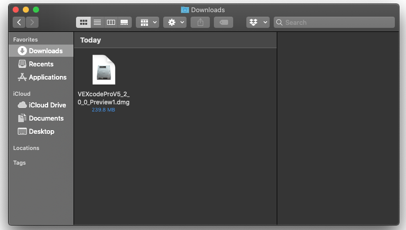 Παράθυρο macOS Finder που εμφανίζει το αρχείο .dmg VEXcode Pro V5 έτοιμο για άνοιγμα.