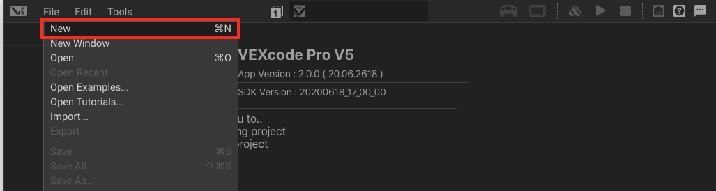 Μενού VEXcode Pro V5 με ανοιχτές τις επιλογές αρχείου και επιλεγμένη την επιλογή «Νέο» για τη δημιουργία ενός έργου.