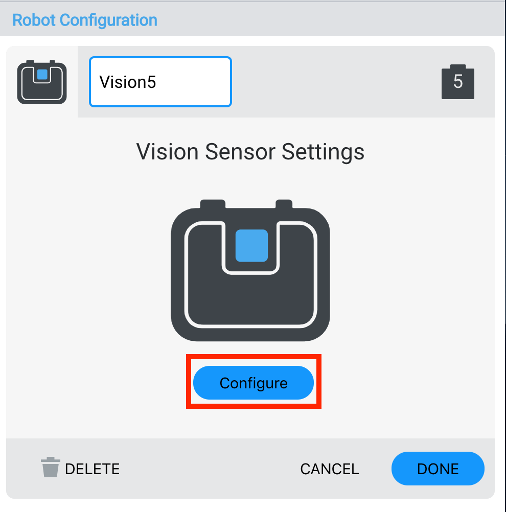 Ο πίνακας ρυθμίσεων αισθητήρα όρασης στο VEXcode Pro V5 με τον αισθητήρα να φέρει την ετικέτα Vision5. Ένα μπλε κουμπί με την ένδειξη Ρύθμιση παραμέτρων επισημαίνεται.