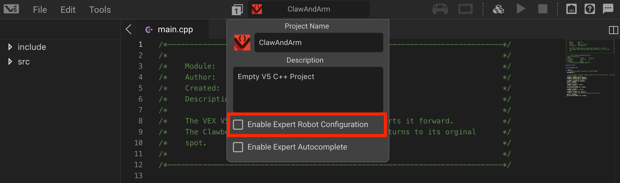 Μενού ρυθμίσεων έργου VEXcode Pro V5 με επισημασμένη την επιλογή «Ενεργοποίηση διαμόρφωσης ρομπότ από ειδικούς».