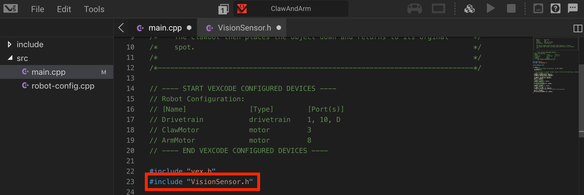 Επεξεργαστής κώδικα VEXcode Pro V5 που εμφανίζει το αρχείο main.cpp με μια πρόταση include που έχει προστεθεί για το αρχείο κεφαλίδας Vision Sensor. Η γραμμή αναφέρει #include VisionSensor.h.