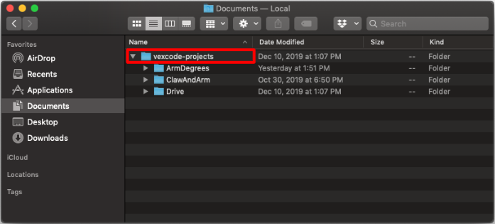 Η εφαρμογή εύρεσης macOS εμφανίζει έναν φάκελο στα Έγγραφα που ονομάζεται vexcode-projects.