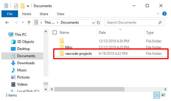 Η εξερεύνηση αρχείων των Windows εμφανίζει έναν φάκελο στα Έγγραφα που ονομάζεται vexcode-projects.