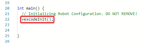 Επεξεργαστής κώδικα VEXcode Pro V5 που εμφανίζει τη γραμμή vexcodeInit() επισημασμένη μέσα στην κύρια συνάρτηση.