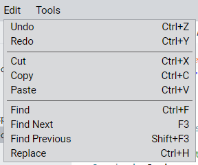 Μενού επεξεργασίας VEXcode Pro V5 για Windows που εμφανίζει επιλογές όπως Αναίρεση, Επανάληψη, Αποκοπή, Αντιγραφή, Επικόλληση, Εύρεση και Αντικατάσταση.