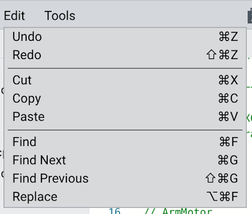 Μενού επεξεργασίας VEXcode Pro V5 Mac που εμφανίζει επιλογές όπως Αναίρεση, Επανάληψη, Αποκοπή, Αντιγραφή, Επικόλληση, Εύρεση και Αντικατάσταση.