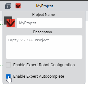 Παράθυρο λεπτομερειών έργου VEXcode Pro V5 που εμφανίζει το όνομα του έργου, την περιγραφή και τις επιλογές ειδικών, συμπεριλαμβανομένης της αυτόματης συμπλήρωσης και της διαμόρφωσης ρομπότ.