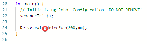 Επεξεργαστής κώδικα VEXcode Pro V5 που εμφανίζει την εντολή Drivetrain.driveFor ​​με τον τελεστή τελείας επισημασμένο μεταξύ της συσκευής και της εντολής.