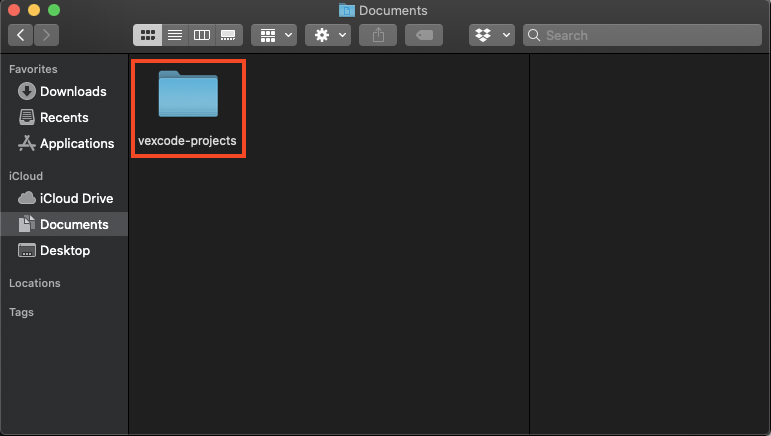 Το παράθυρο macOS Finder εμφανίζει τον φάκελο vexcode-projects επισημασμένο μέσα στον κατάλογο Έγγραφα.