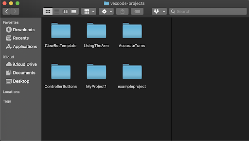 Το παράθυρο macOS Finder εμφανίζει πολλούς φακέλους έργου VEXcode Pro V5 μέσα στον κατάλογο vexcode-projects.
