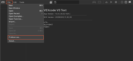 Διεπαφή VEXcode Pro V5 με ανοιχτό το μενού Αρχείο και επισημασμένη την επιλογή Προτιμήσεις.