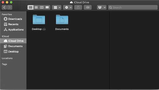 Το παράθυρο του macOS Finder εμφανίζει τον φάκελο "Έγγραφα" μέσα στο iCloud Drive.