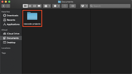 Το παράθυρο macOS Finder εμφανίζει τον φάκελο vexcode-projects που έχει επιλεγεί στον κατάλογο Έγγραφα.