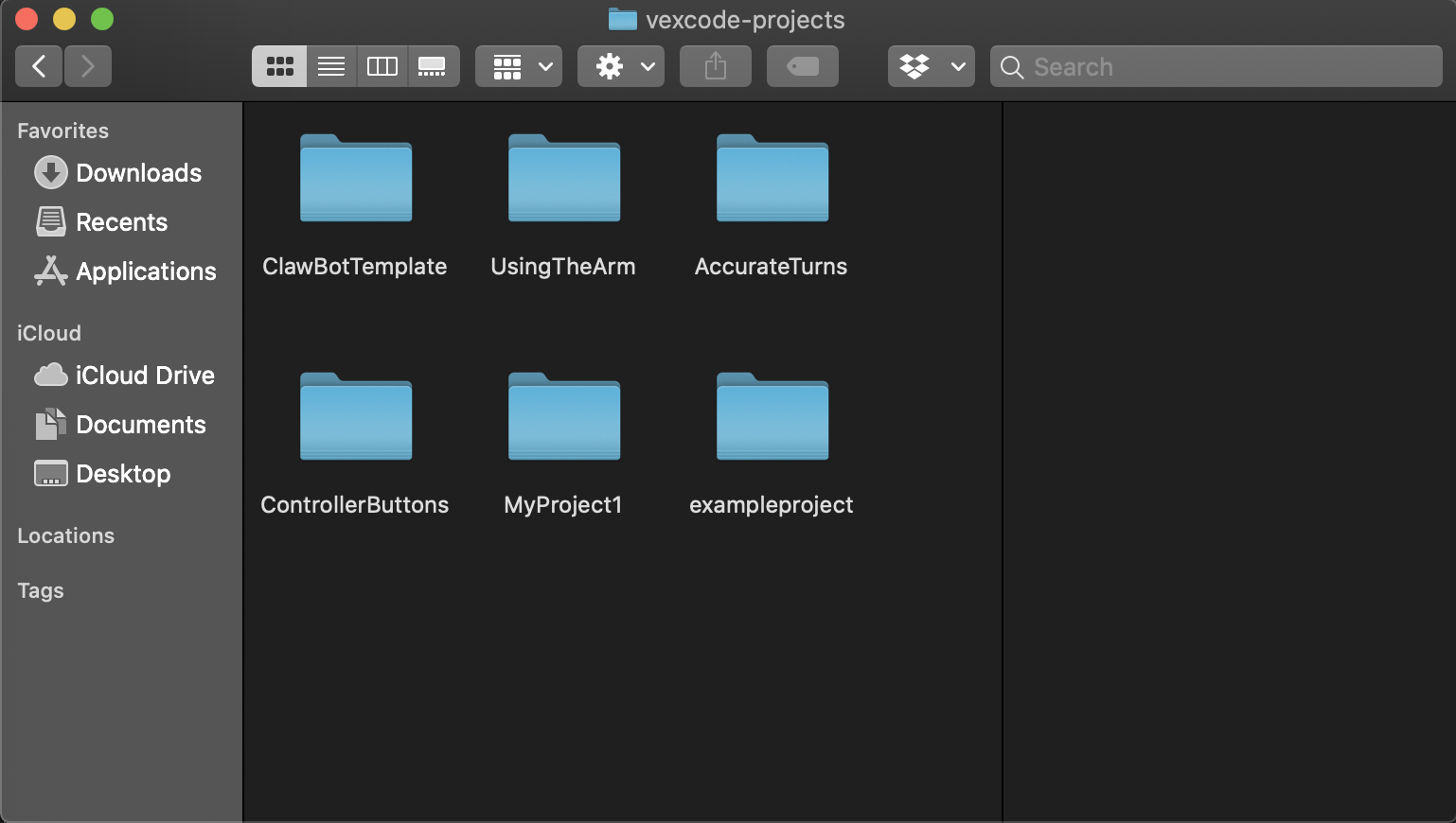 Το παράθυρο macOS Finder εμφανίζει πολλαπλούς φακέλους έργων VEXcode Pro V5 που εμφανίζονται στον κατάλογο vexcode-projects.