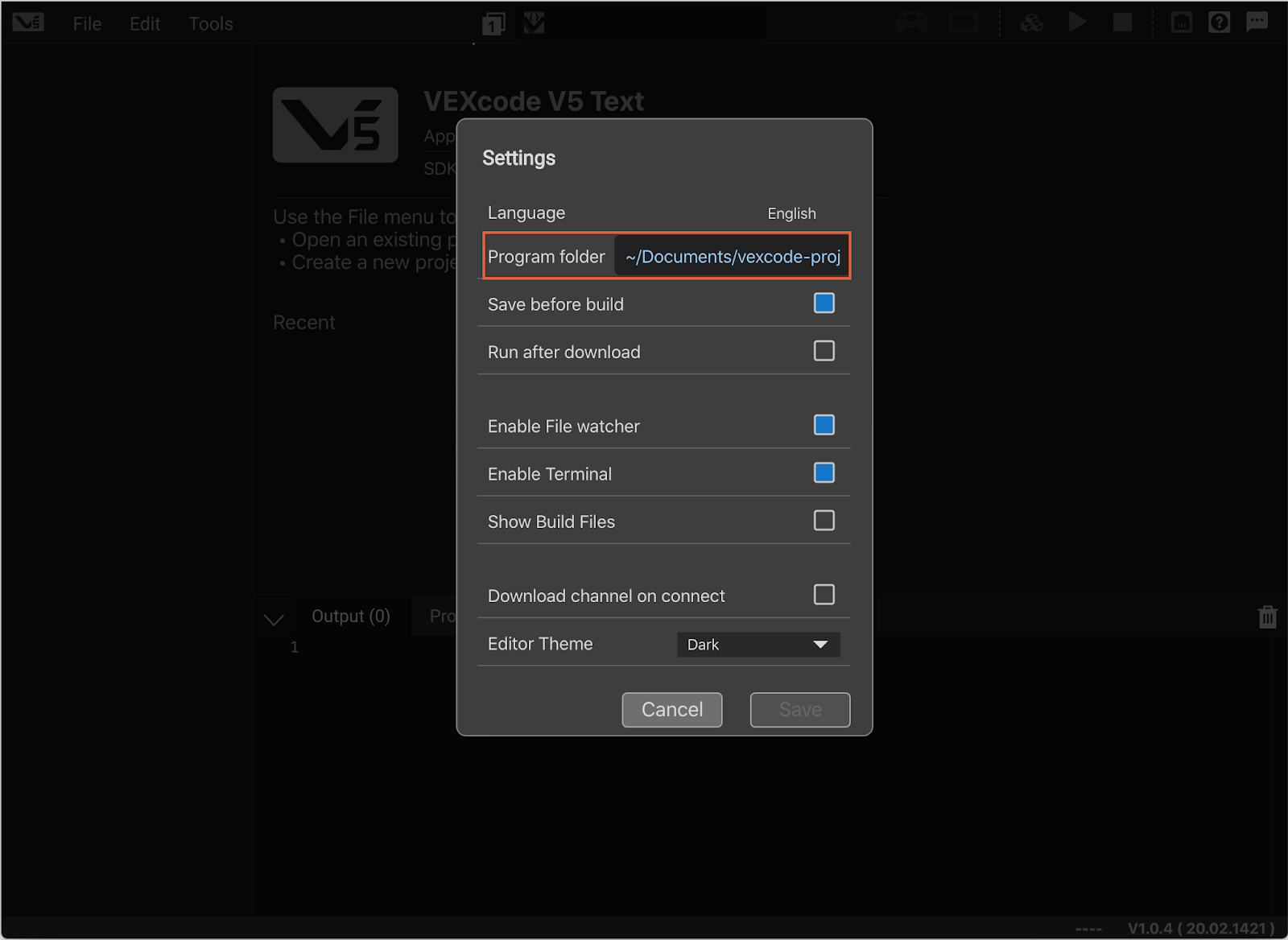 Το παράθυρο ρυθμίσεων του VEXcode Pro V5 εμφανίζει τη διαδρομή φακέλου προγράμματος που έχει οριστεί σε Έγγραφα/vexcode-projects.
