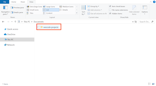Το παράθυρο της Εξερεύνησης Αρχείων των Windows εμφανίζει τον φάκελο vexcode-projects επισημασμένο στον κατάλογο Έγγραφα.