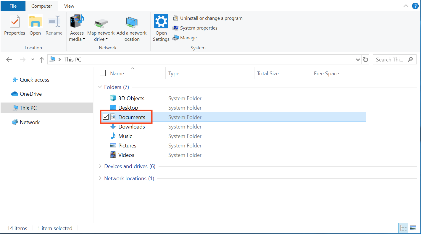 Το παράθυρο Εξερεύνησης αρχείων των Windows που εμφανίζει τον φάκελο Έγγραφα επισημασμένο μέσα σε αυτόν τον υπολογιστή.