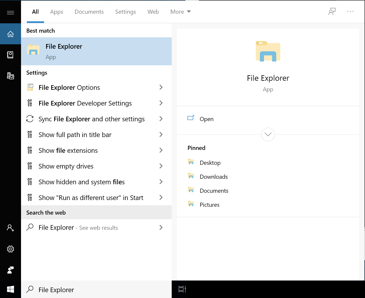Τα αποτελέσματα αναζήτησης των Windows εμφανίζουν την εφαρμογή File Explorer διαθέσιμη για άνοιγμα.