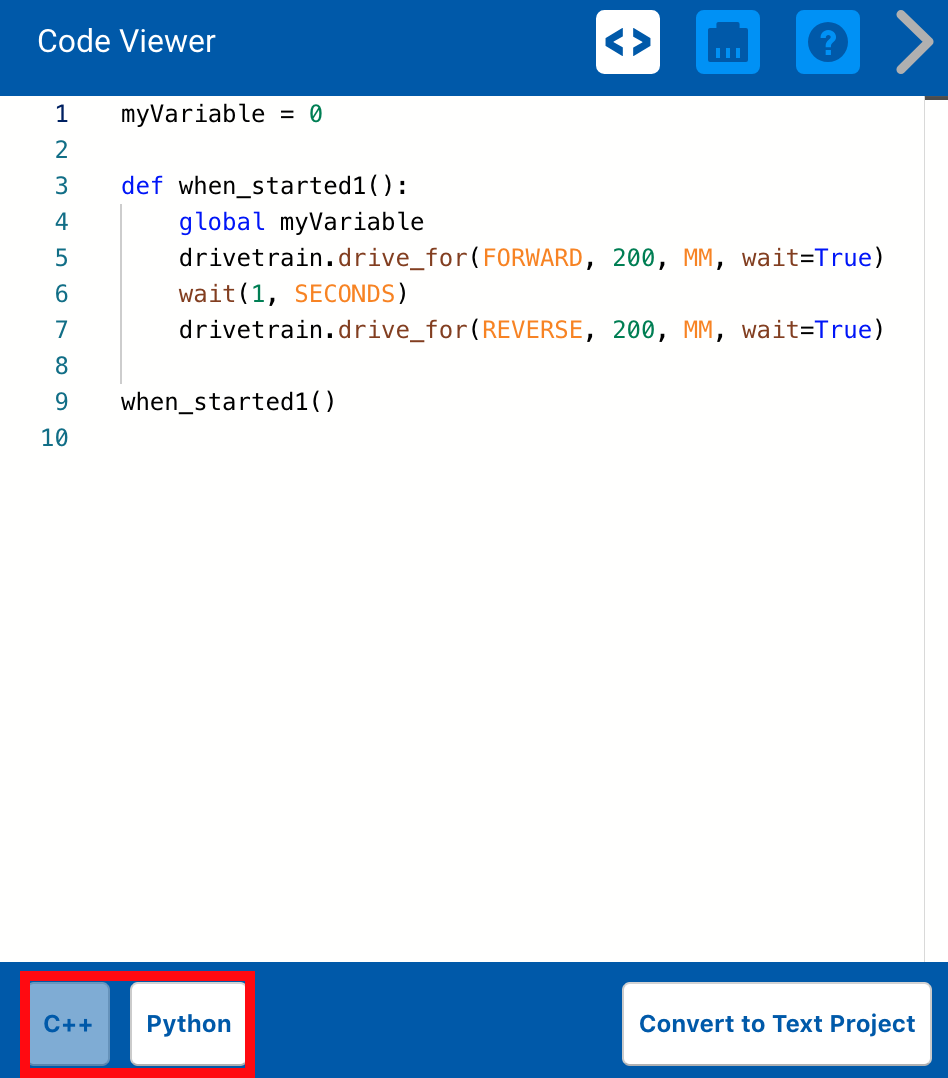 Το Code Viewer έχει δύο επιλογές για εναλλαγή μεταξύ προβολής κώδικα Python ή C++. Αυτά τα κουμπιά βρίσκονται κάτω αριστερά στο μενού του Code Viewer.