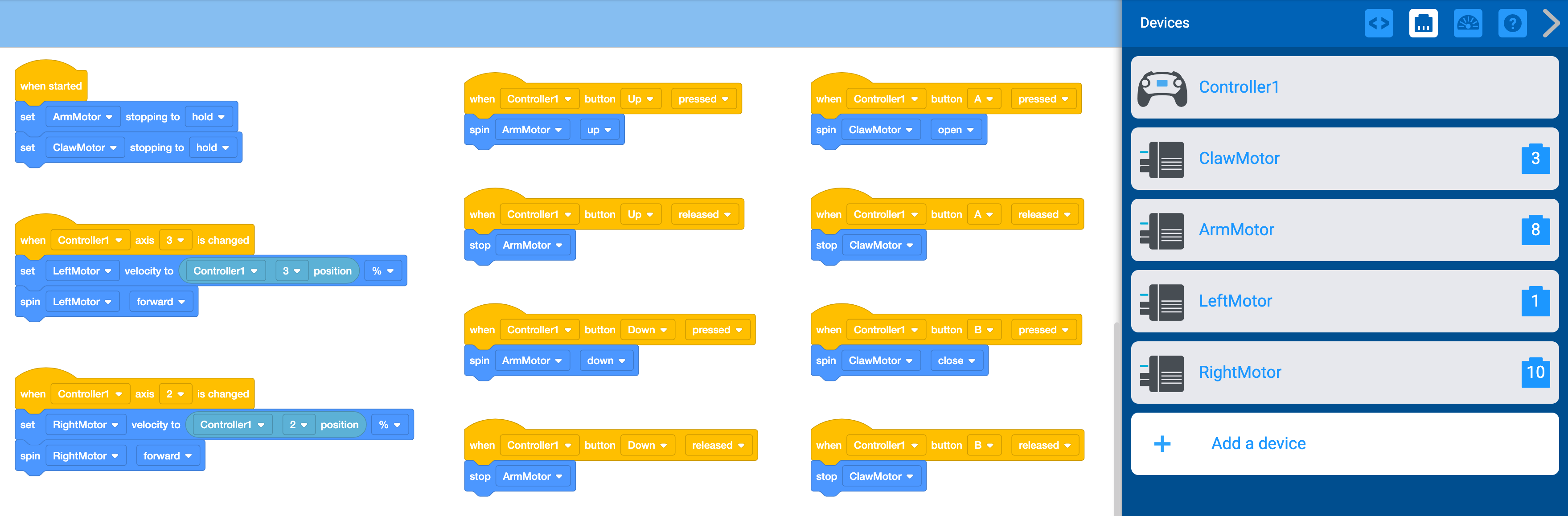 Χώρος εργασίας VEXcode EXP με ανοιχτό το έργο μπλοκ Option 3. Το έργο έχει 11 μικρές στοίβες από μπλοκ και έχει διαμορφωμένες συσκευές. Το μενού Συσκευές ανοίγει στο πλάι και παραθέτει τις ακόλουθες συσκευές: Controller1, ClawMotor στη θύρα 3, ArmMotor στη θύρα 8, LeftMotor στη θύρα 1 και RightMotor στη θύρα 10. Στον χώρο εργασίας υπάρχουν οι 11 μικρές στοίβες μπλοκ που χειρίζονται την είσοδο του Ελεγκτή. Η πρώτη στοίβα αναφέρει Όταν ξεκινήσει, ορίστε τη διακοπή του ArmMotor σε hold (κράτημα του ArmMotor) και, στη συνέχεια, ορίστε τη διακοπή του ClawMotor σε hold (κράτημα του ClawMotor). Η δεύτερη στοίβα αναφέρει Όταν αλλάξει ο άξονας 3 του Controller1, ορίστε την ταχύτητα του LeftMotor σε θέση Controller1 3 % και, στη συνέχεια, περιστρέψτε τον LeftMotor προς τα εμπρός. Η τρίτη στοίβα διαβάζει Όταν αλλάξει ο άξονας 2 του Controller1, ορίστε την ταχύτητα του RightMotor σε Controller1 2 position % και, στη συνέχεια, περιστρέψτε τον RightMotor προς τα εμπρός. Η τέταρτη στοίβα αναγράφει Όταν πατηθεί το κουμπί Controller1 προς τα πάνω, περιστρέψτε τον ArmMotor προς τα πάνω. Η πέμπτη στοίβα αναγράφει Όταν απελευθερωθεί το κουμπί Controller1 προς τα πάνω, σταματήστε τον ArmMotor. Η έκτη στοίβα αναγράφει Όταν πατηθεί το κουμπί Controller1 προς τα κάτω, περιστρέψτε τον βραχίονα κινητήρα προς τα κάτω. Η έβδομη στοίβα αναγράφει Όταν το κουμπί Controller1 κατεβάσει, σταματήστε τον ArmMotor. Η όγδοη στοίβα αναγράφει Όταν πατηθεί το κουμπί A του Controller1, περιστρέψτε το ClawMotor για να ανοίξει. Η ένατη στοίβα αναφέρει: Όταν απελευθερωθεί το κουμπί A του Controller1, σταματήστε το ClawMotor. Η δέκατη στοίβα αναγράφει Όταν πατηθεί το κουμπί B του Controller1, περιστρέψτε το ClawMotor για να κλείσετε. Η ενδέκατη και τελευταία στοίβα αναφέρει: Όταν απελευθερωθεί το κουμπί Β του Controller1, σταματήστε το ClawMotor.