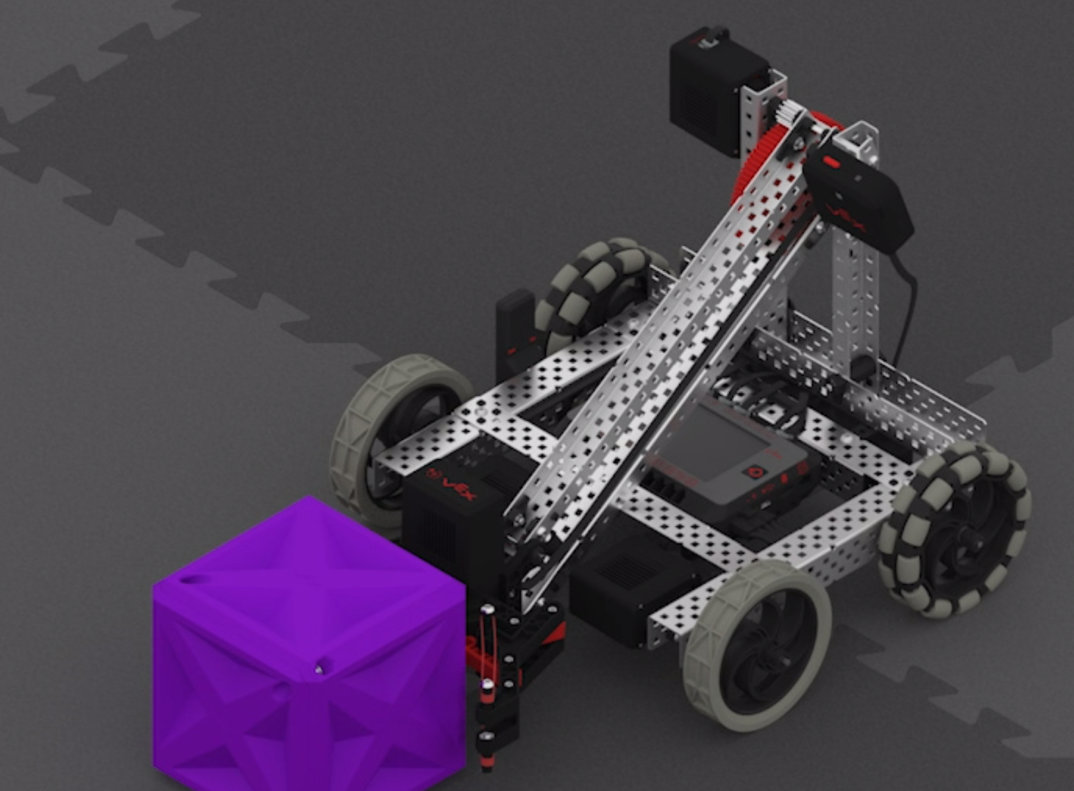 VEXcode V5 Clawbot σε ένα πεδίο παιχνιδιού με ένα μωβ πιόνι κύβου μπροστά του.