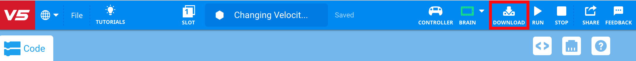 Γραμμή εργαλείων VEXcode V5 με το εικονίδιο Λήψης επισημασμένο ανάμεσα στα εικονίδια Brain και Run.