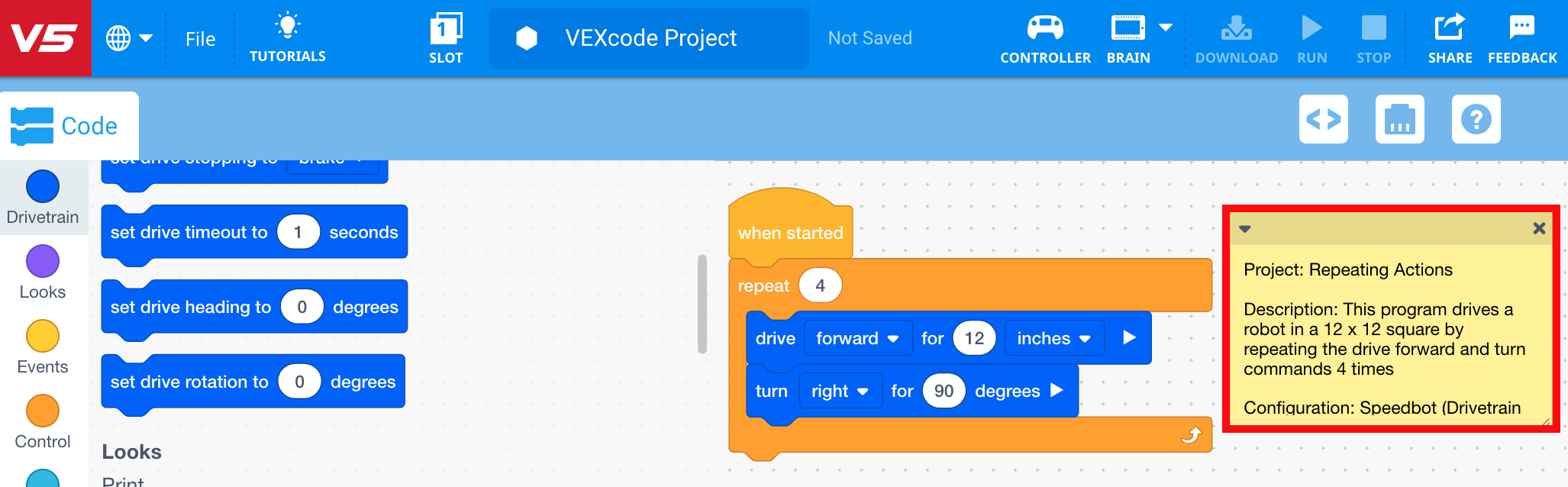 VEXcode V5 με ανοιχτό το παράδειγμα έργου Repeating Actions και με επισημασμένη την περιγραφή του.