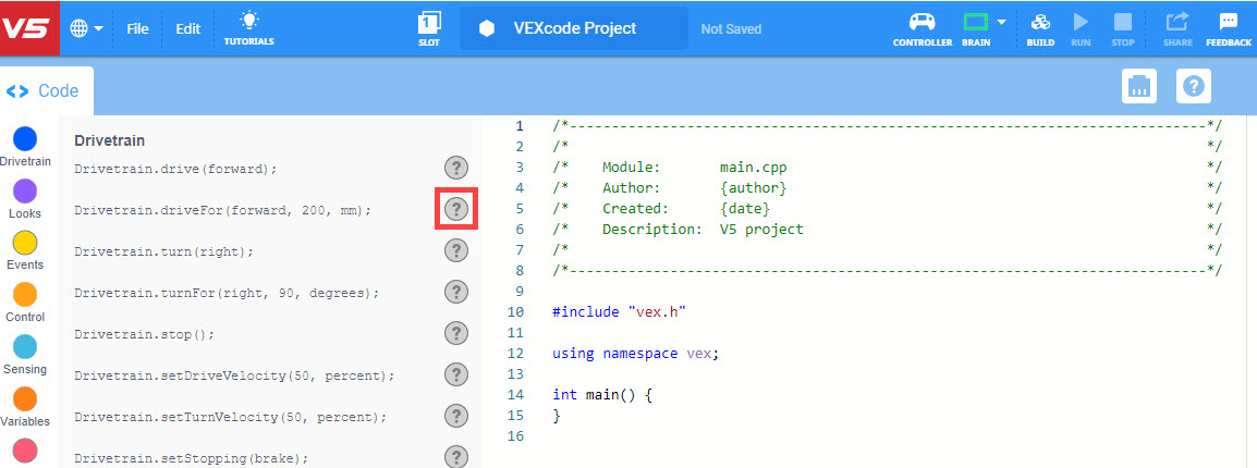 Εργαλειοθήκη VEXcode V5 C++ με το εικονίδιο Βοήθειας επισημασμένο δίπλα στην εντολή Drive for.
