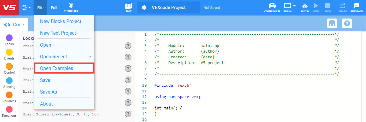 Γραμμή εργαλείων VEXcode V5 με ανοιχτό το μενού Αρχείο και επισημασμένη την επιλογή Άνοιγμα Παραδειγμάτων. Η επιλογή Άνοιγμα Παραδειγμάτων είναι η πέμπτη επιλογή στο μενού, κάτω από τα Νέα Έργα Μπλοκ, Νέο Έργο Κειμένου, Άνοιγμα και Άνοιγμα Πρόσφατων.