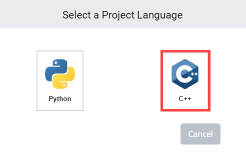 VEXcode V5 Επιλέξτε μια προτροπή για Γλώσσα Έργου που έχει επιλογές για Python ή C++. Μπορείτε να επιλέξετε οποιαδήποτε γλώσσα για να ανοίξετε ένα νέο έργο ή από κάτω υπάρχει ένα κουμπί Ακύρωση που θα κλείσει το μενού. Η επιλογή έργου C++ είναι επισημασμένη.
