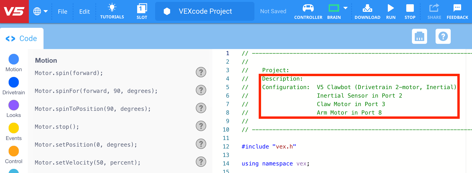 VEXcode V5 με ανοιχτό το έργο προτύπου Clawbot (Σύστημα μετάδοσης κίνησης 2-κινητήρων, Αδρανειακό) και με επισημασμένα τα πεδία σχολίων Περιγραφή και Διαμόρφωση.