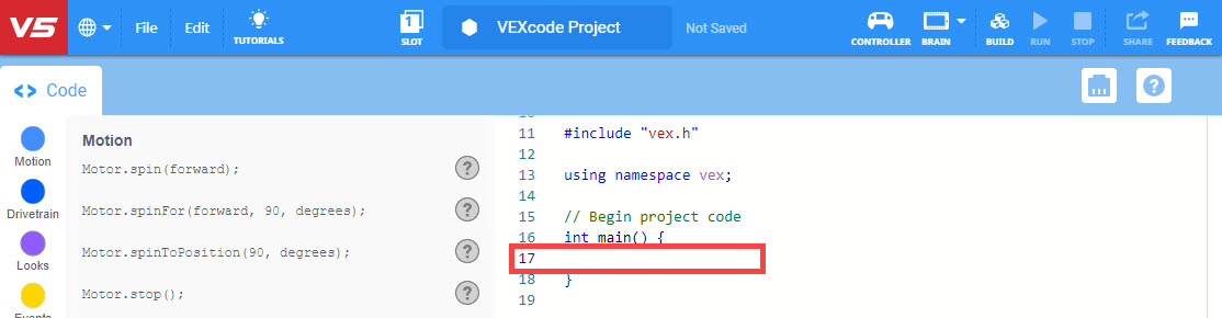 Έργο VEXcode V5 C++ με επισημασμένο το κενό μέσα στη συνάρτηση main() στη γραμμή 17.