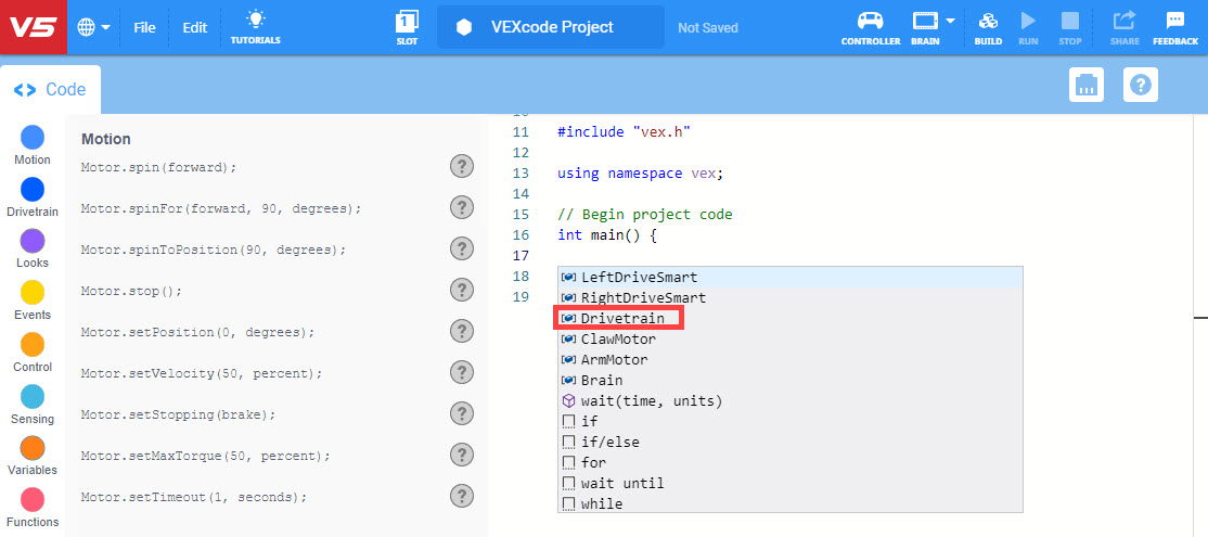 Χώρος εργασίας VEXcode V5 C++ με αναπτυσσόμενο μενού προτεινόμενων εντολών. Η εντολή Σύστημα μετάδοσης κίνησης είναι επισημασμένη.