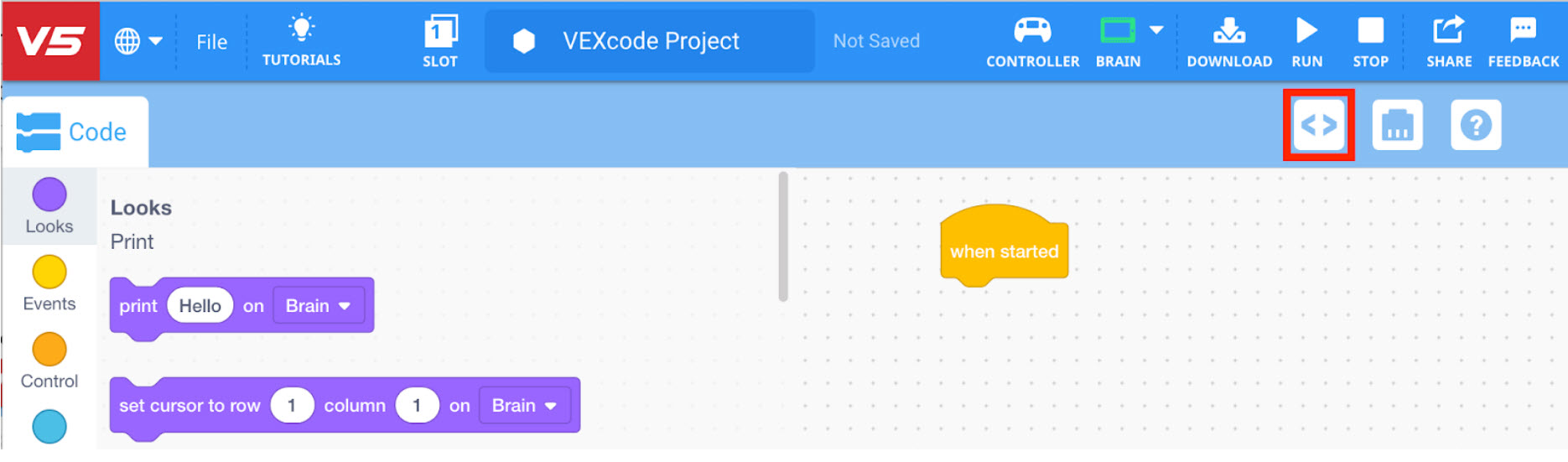 Γραμμή εργαλείων VEXcode V5 με το εικονίδιο Προβολής Κώδικα επισημασμένο στα αριστερά του εικονιδίου Συσκευές.