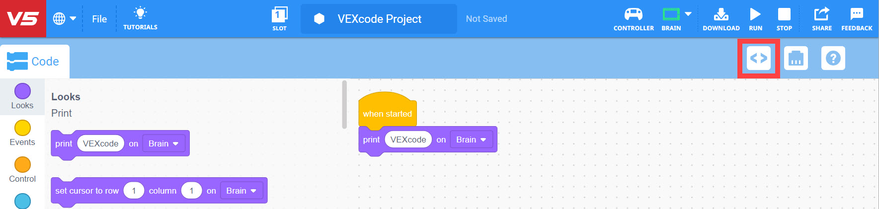 Γραμμή εργαλείων VEXcode V5 με το εικονίδιο Προβολής Κώδικα επισημασμένο στα αριστερά του εικονιδίου Συσκευές.