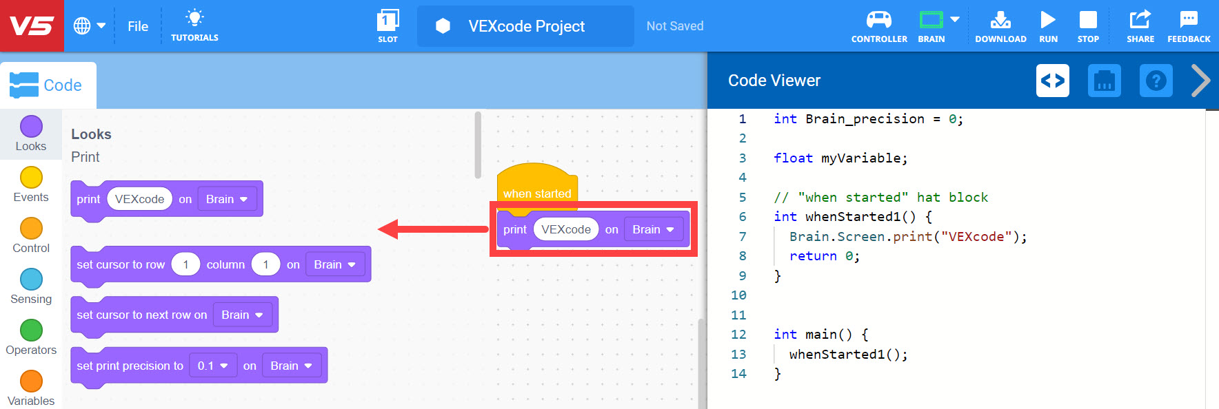 Το ίδιο έργο μπλοκ VEXcode V5, τώρα με ένα βέλος που υποδεικνύει ότι το μπλοκ Εκτύπωσης πρέπει να απορριφθεί σύροντάς το στην Εργαλειοθήκη.