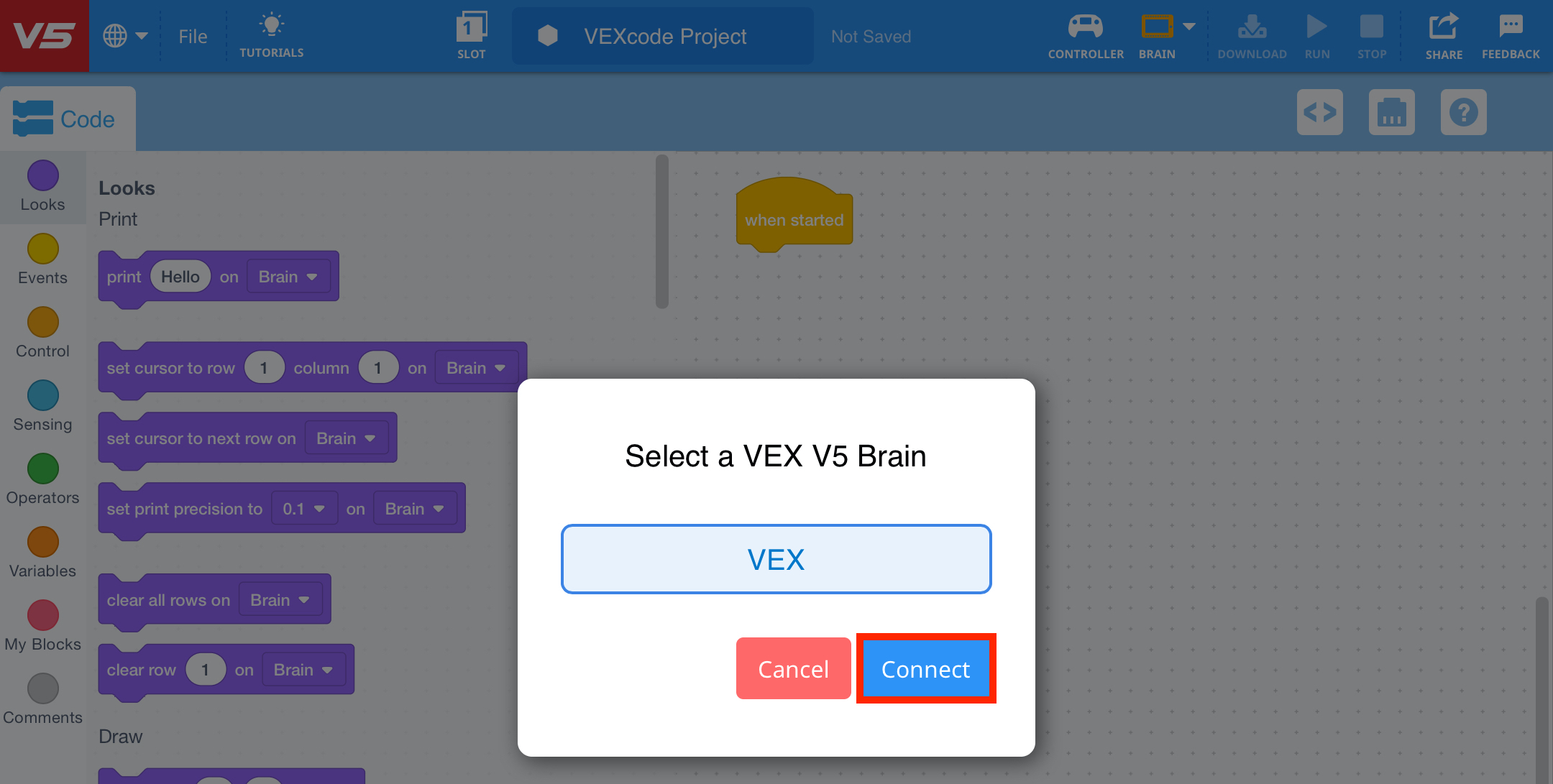 Κωδ. VEX V5 Επιλέξτε μια προτροπή VEX V5 Brain που περιέχει μια λίστα με V5 Brains για σύνδεση. Ο Εγκέφαλος έχει επιλεγεί και το κουμπί Σύνδεση παρακάτω είναι επισημασμένο.