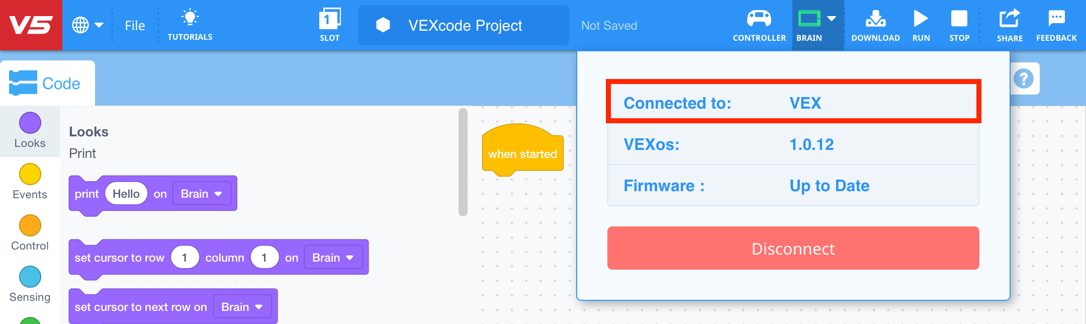 VEXcode V5 με το αναπτυσσόμενο μενού Brain να ανοίγει μετά τη σύνδεση ενός Brain. Το όνομα του Εγκέφαλου στο μενού είναι επισημασμένο και το εικονίδιο του Εγκέφαλου στη Γραμμή Εργαλείων είναι χρωματισμένο με πράσινο.