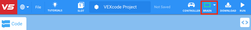 Γραμμή εργαλείων VEXcode V5 με επισημασμένο το πράσινο εικονίδιο εγκεφάλου, που υποδεικνύει ότι ο εγκέφαλος είναι συνδεδεμένος.