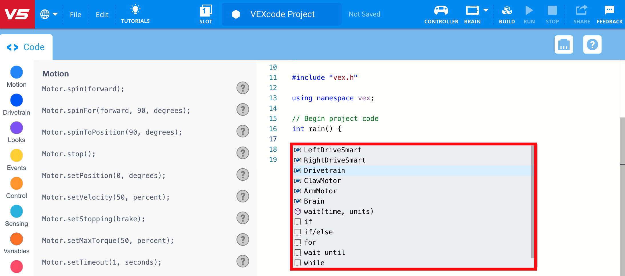 Χώρος εργασίας VEXcode V5 C++ με αναπτυσσόμενο μενού όλων των προτεινόμενων εντολών. Υπάρχει διαθέσιμη μια γραμμή κύλισης για να μετακινηθείτε στις επιλογές.
