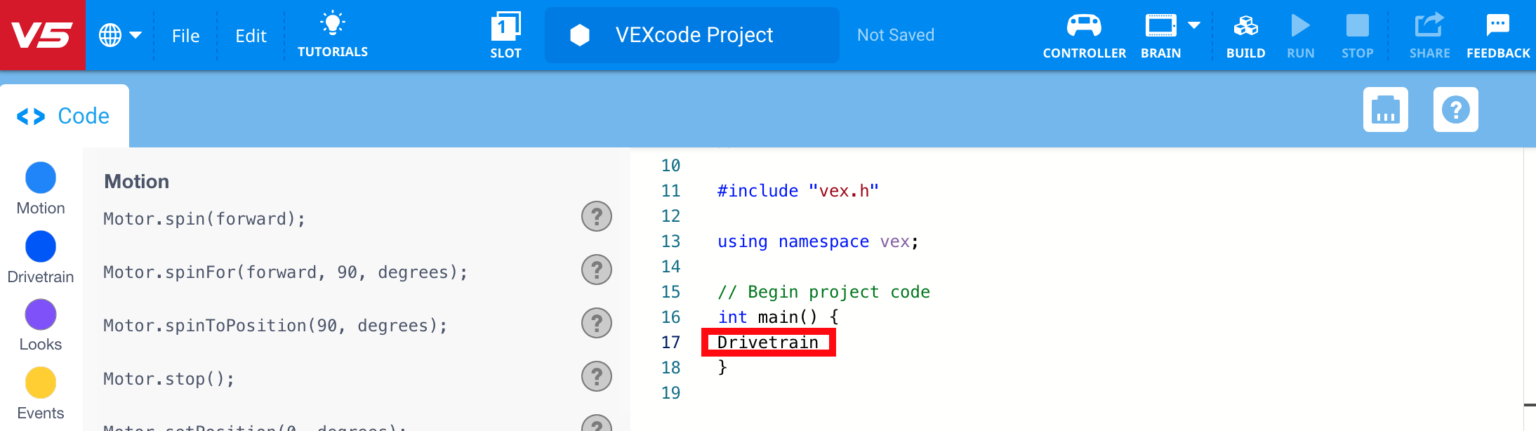 Έργο VEXcode V5 C++ με επιλεγμένη την επιλογή Drivetrain στο αναπτυσσόμενο μενού και τώρα επικολλημένη στον χώρο εργασίας.