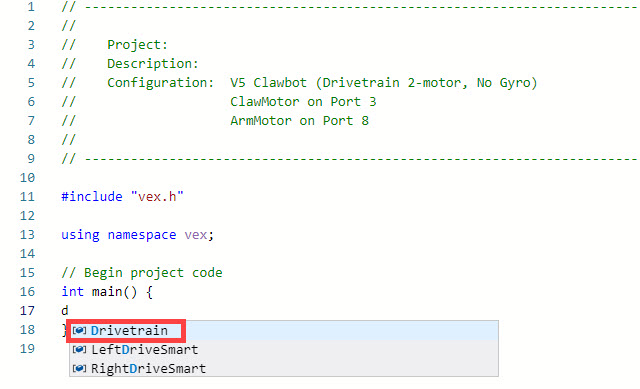 Χώρος εργασίας VEXcode V5 C++ με αναπτυσσόμενο μενού προτεινόμενων εντολών. Το γράμμα D έχει πληκτρολογηθεί και το πληκτρολόγιο χρησιμοποιείται για την πλοήγηση στις διαθέσιμες εντολές. Το σύστημα μετάδοσης κίνησης είναι η πρώτη πρόταση και επισημαίνεται.