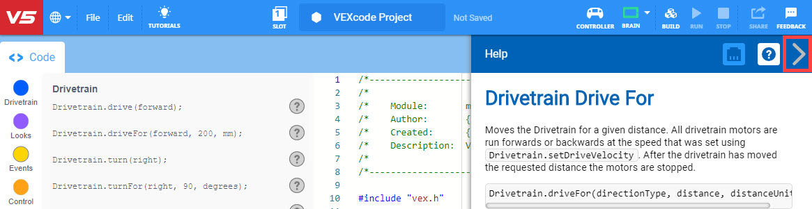 VEXcode V5 με ανοιχτό το μενού Βοήθεια και επισημασμένο το βέλος Κλείσιμο Μενού στην επάνω δεξιά γωνία.