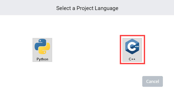 VEXcode V5 Επιλέξτε μια προτροπή για Γλώσσα Έργου που έχει επιλογές για Python ή C++. Μπορείτε να επιλέξετε οποιαδήποτε γλώσσα για να ανοίξετε ένα νέο έργο ή από κάτω υπάρχει ένα κουμπί Ακύρωση που θα κλείσει το μενού. Η επιλογή έργου C++ είναι επισημασμένη.