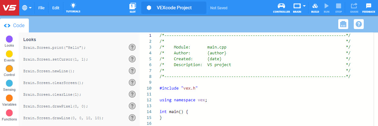 Νέο έργο C++ άνοιξε στο VEXcode V5.