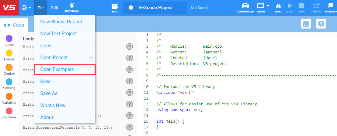Γραμμή εργαλείων VEXcode V5 με ανοιχτό το μενού Αρχείο και επισημασμένη την επιλογή Άνοιγμα Παραδειγμάτων. Η επιλογή Άνοιγμα Παραδειγμάτων είναι η πέμπτη επιλογή στο μενού, κάτω από τα Νέα Έργα Μπλοκ, Νέο Έργο Κειμένου, Άνοιγμα και Άνοιγμα Πρόσφατων.